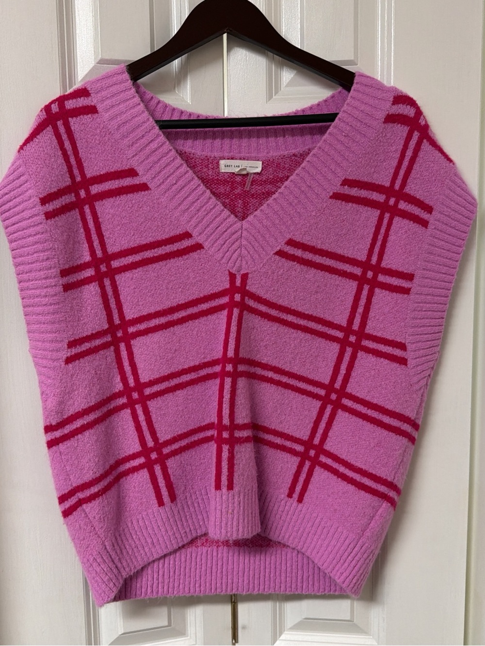 GREY LAB Pink Plaid V-Neck Sweater Vest